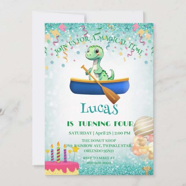 Funny dinosaur Kayak Birthday party DIY Name Holiday Card (Front)