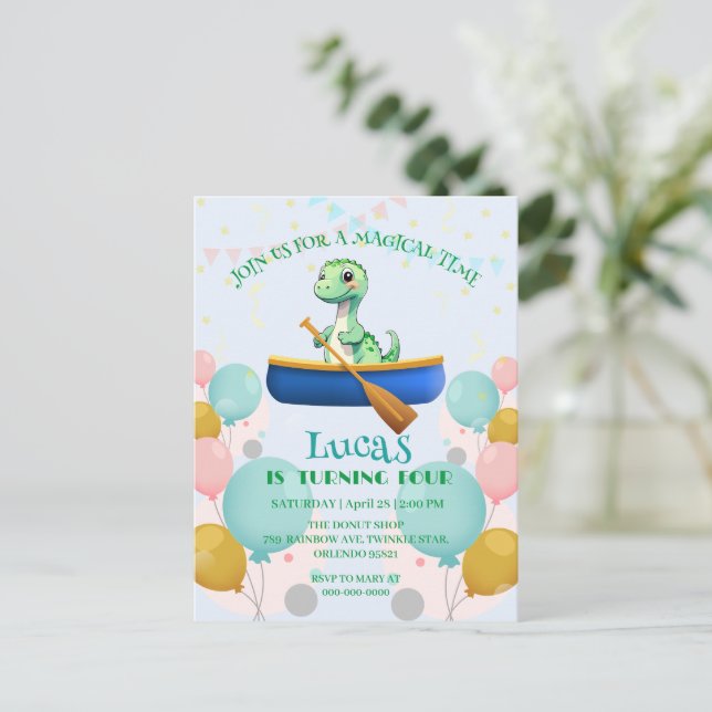 Funny dinosaur Kayak Birthday party DIY Name Postcard (Standing Front)