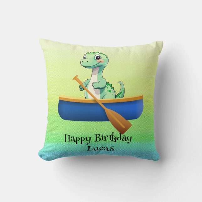 Funny dinosaur Kayak sailing Birthday party Throw Pillow (Front)