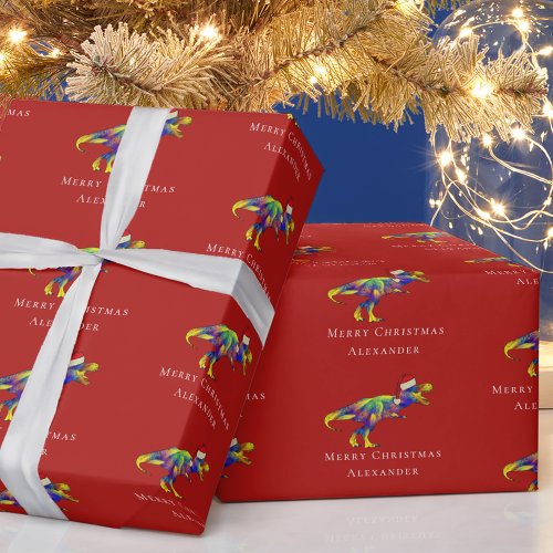 Funny Dinosaur Merry Christmas Personalized Red Wrapping Paper