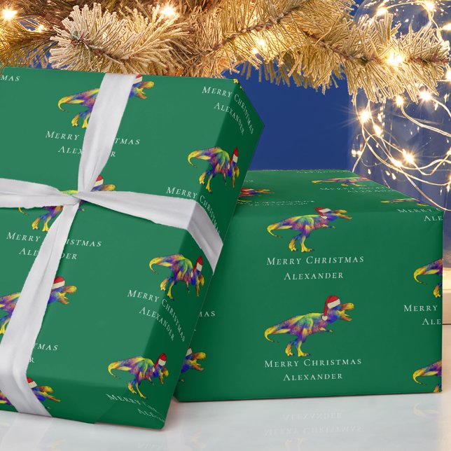 Funny Dinosaur Merry Christmas Personalized  Wrapping Paper (Funny christmas T-Rex colorful dinosaur personalized boy name green holiday gift wrapping paper)