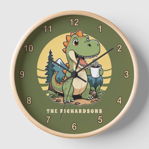 Funny Dinosaur Outdoor Explorer Family Name Clock