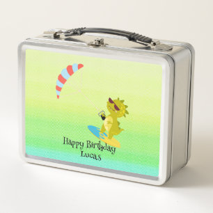 Funny dinosaur Paraglider Board School party kids Metal Lunch Box