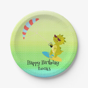 Funny dinosaur Paraglider Board School party kids Paper Plates