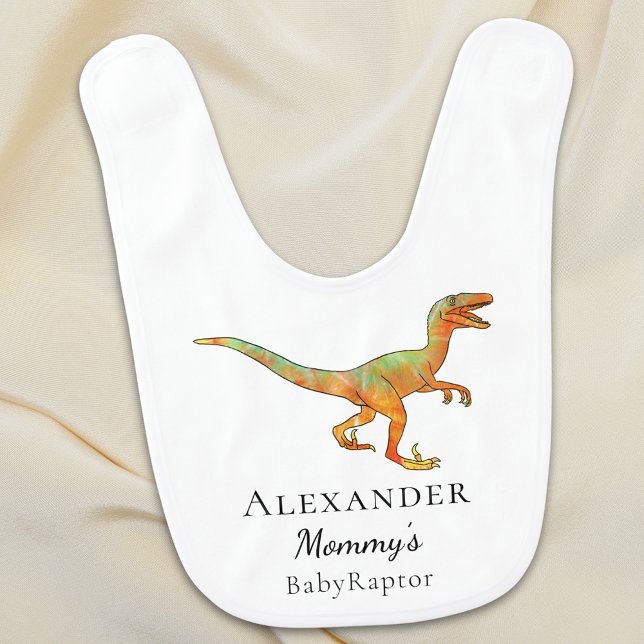 Funny Dinosaur Personalized Baby Bib (Funny dinosaur velociraptor mommy’s babyraptor personalized name baby bib)