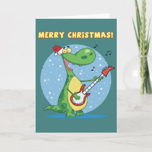 Funny Dinosaur Plays Guitar On Christmas Holiday Card