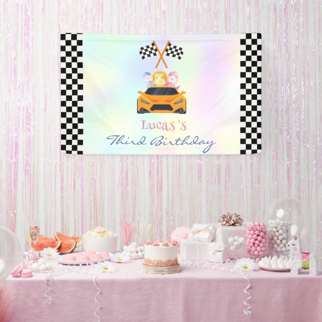 Funny Dinosaur racing car boy kids Birthday party Banner (Party)