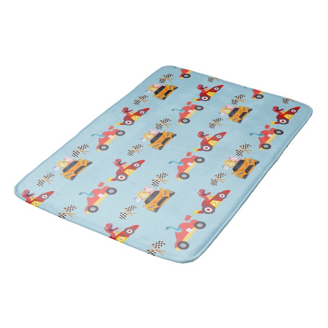Funny Dinosaur racing car boy kids Birthday party Bath Mat (Angled)