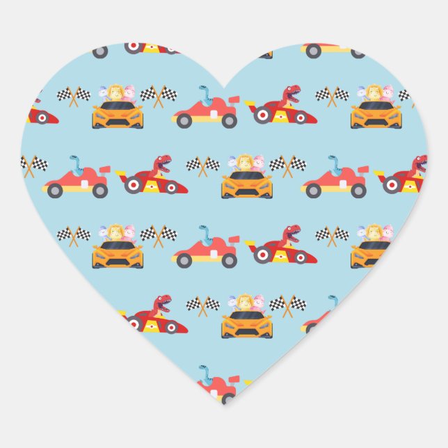 Funny Dinosaur racing car boy kids Birthday party Heart Sticker (Front)