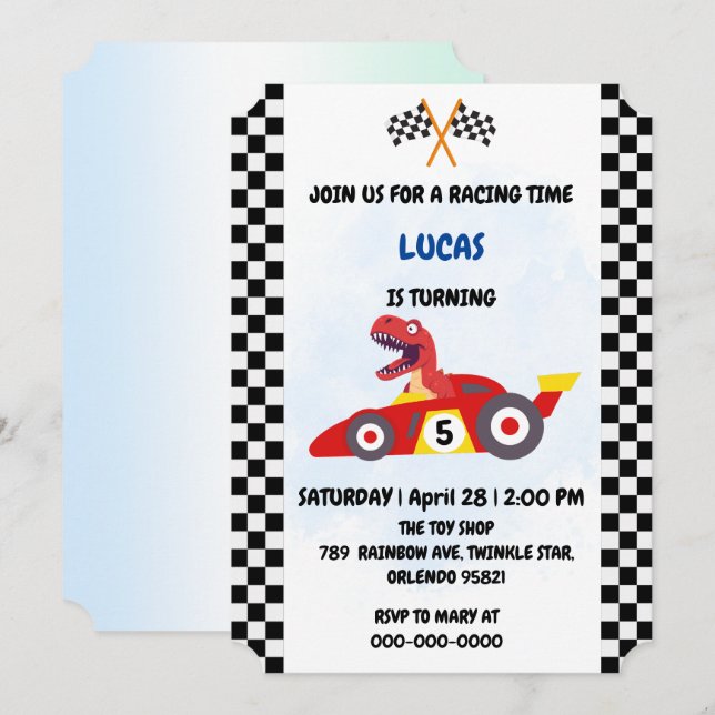Funny Dinosaur racing car boy kids Birthday party Holiday Card (Front/Back)