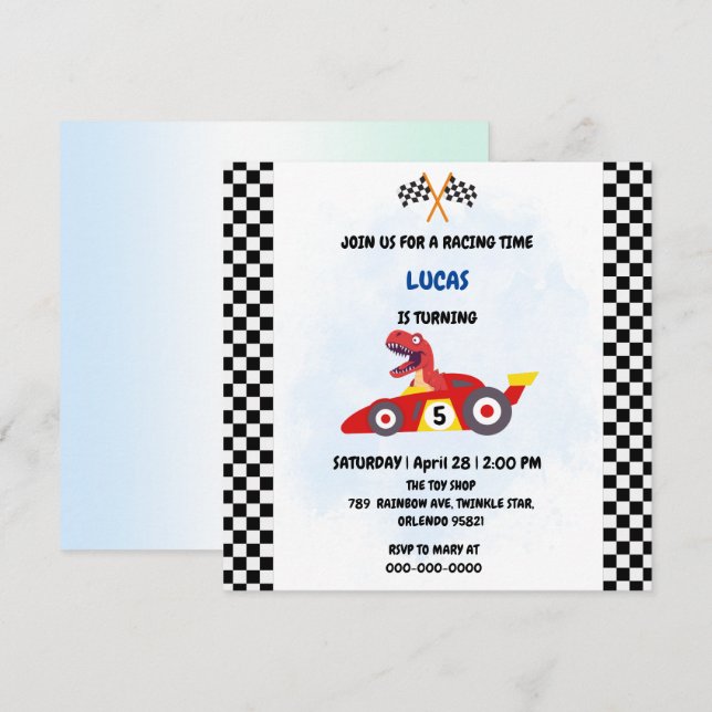 Funny Dinosaur racing car boy kids Birthday party Invitation (Front/Back)