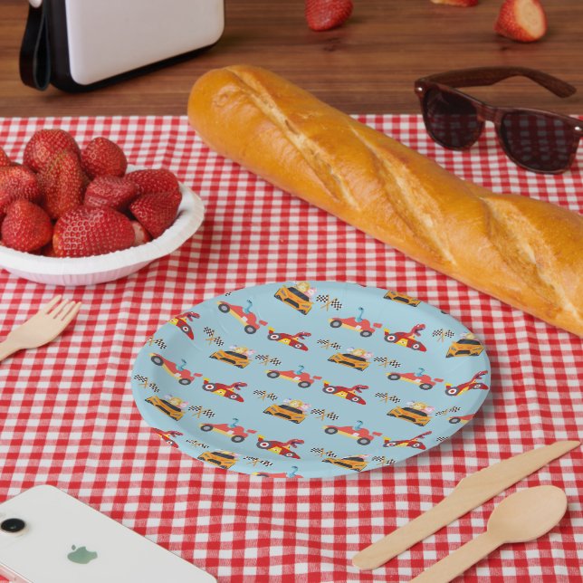 Funny Dinosaur racing car boy kids Birthday party Paper Plates (Picnic)