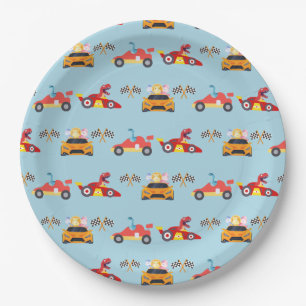 Funny Dinosaur racing car boy kids Birthday party Paper Plates