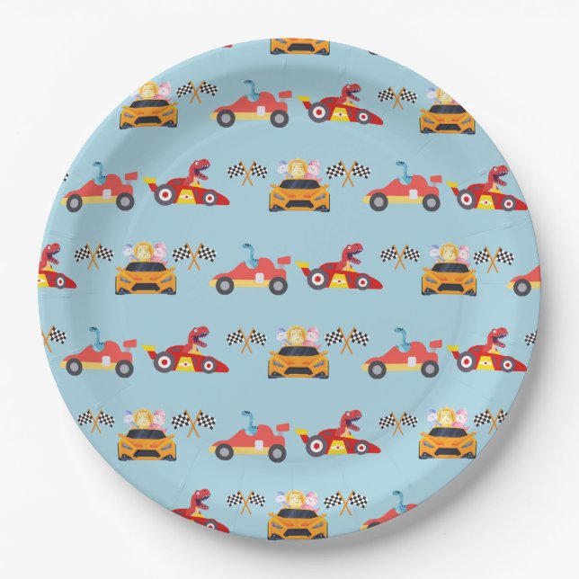 Funny Dinosaur racing car boy kids Birthday party Paper Plates (Front)