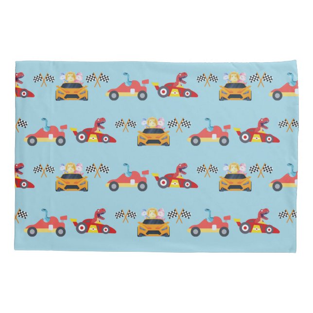 Funny Dinosaur racing car boy kids Birthday party Pillow Case (Back)
