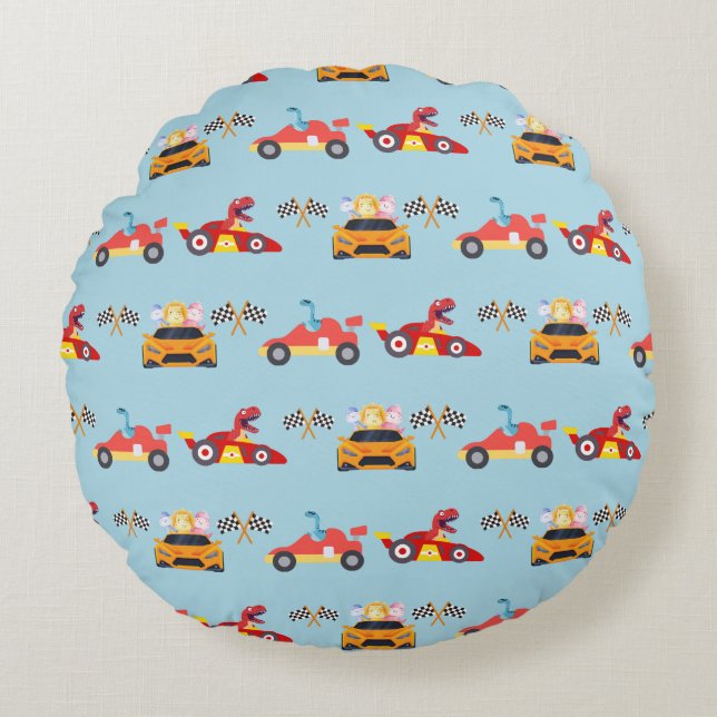 Funny Dinosaur racing car boy kids Birthday party Round Pillow (Front)