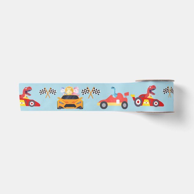 Funny Dinosaur racing car boy kids Birthday party Satin Ribbon (Front)