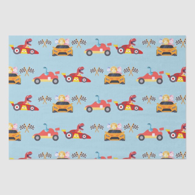 Funny Dinosaur racing car boy kids Birthday party Tissue Paper (Front)