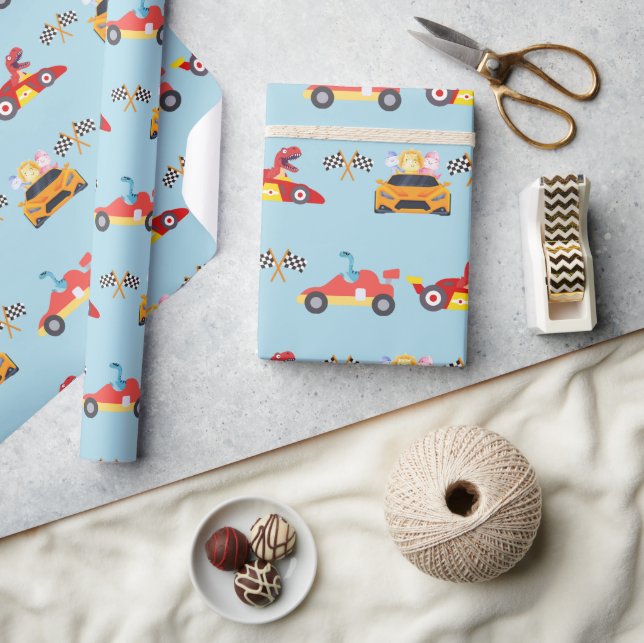 Funny Dinosaur racing car boy kids Birthday party Wrapping Paper (Crafts)