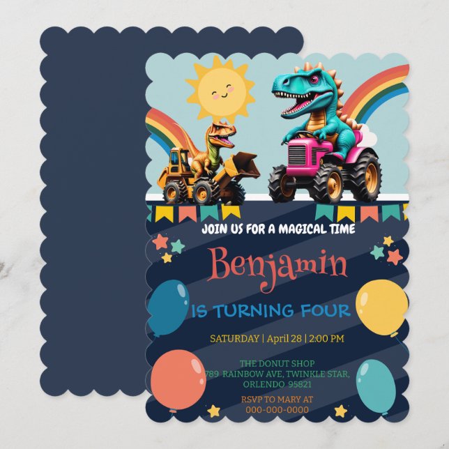 Funny dinosaur rainbow truck balloon Birthday boys Thank You Card (Front/Back)