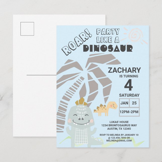 Funny Dinosaur Roar Kids Birthday Party Invitation (Front/Back)