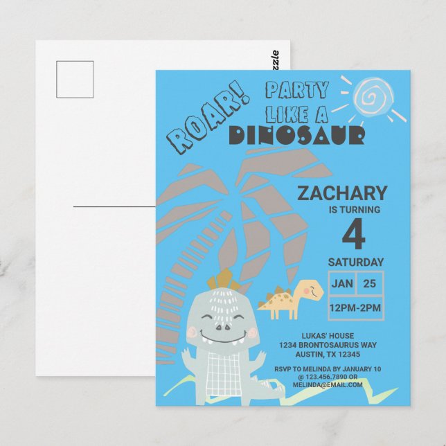 Funny Dinosaur Roar Kids Birthday Party Invitation Postcard (Front/Back)