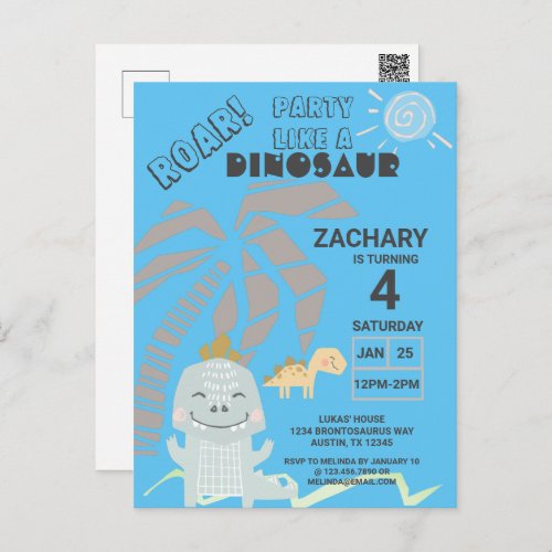 Funny Dinosaur Roar Kids Birthday Party Invitation Postcard