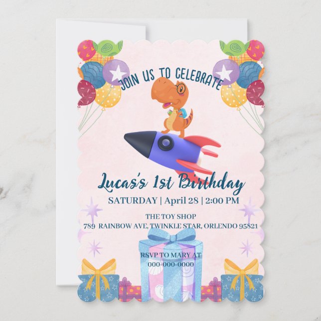 Funny dinosaur rocket back 2 School Birthday party Invitation (Front)