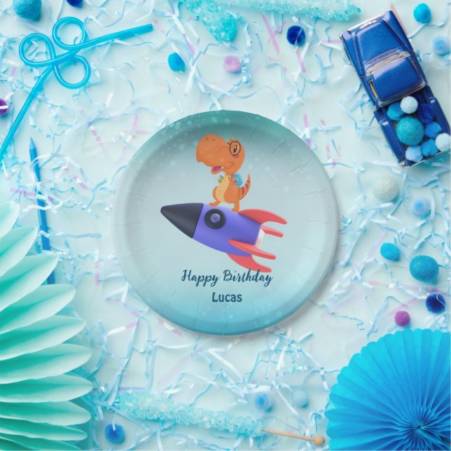 Funny dinosaur rocket back 2 School Birthday party Paper Plates (Party)