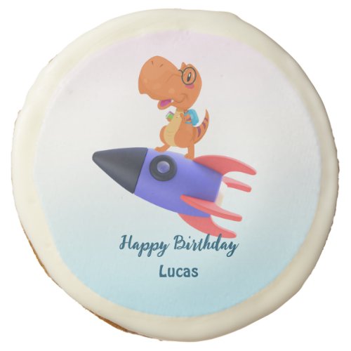 Funny dinosaur rocket back 2 School Birthday party Sugar Cookie