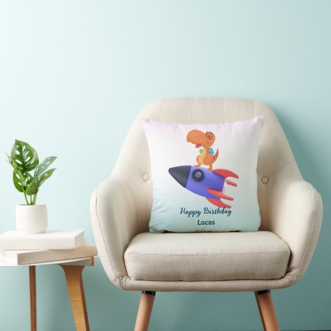 Funny dinosaur rocket back 2 School Birthday party Throw Pillow (Chair)