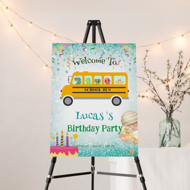 Funny dinosaur school Bus Birthday party DIY Name Foam Board (In Situ (Stand))