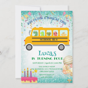 Funny dinosaur school Bus Birthday party DIY Name Invitation