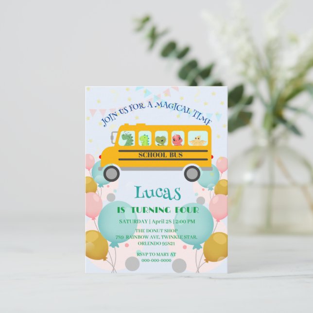 Funny dinosaur school Bus Birthday party DIY Name Postcard (Standing Front)