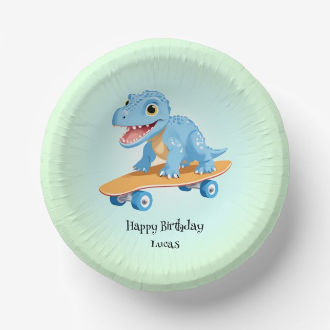 Funny dinosaur Skateboard Birthday party boys Paper Bowls (Front)