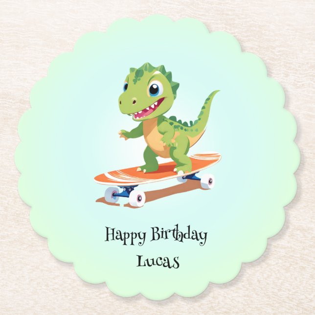 Funny dinosaur Skateboard Birthday party boys Paper Coaster (Front)