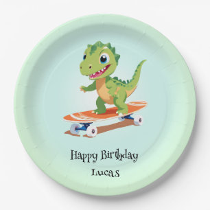 Funny dinosaur Skateboard Birthday party DIY Name Paper Plates