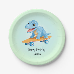 Funny dinosaur Skateboard Birthday party DIY Name Paper Plates