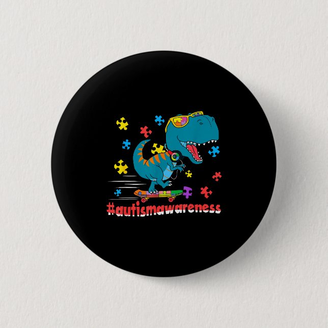 Funny dinosaur skateboarding autism awareness boys button (Front)