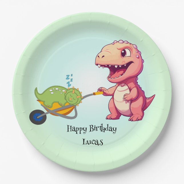 Funny dinosaur straw cart Birthday boys party  Paper Plates (Front)