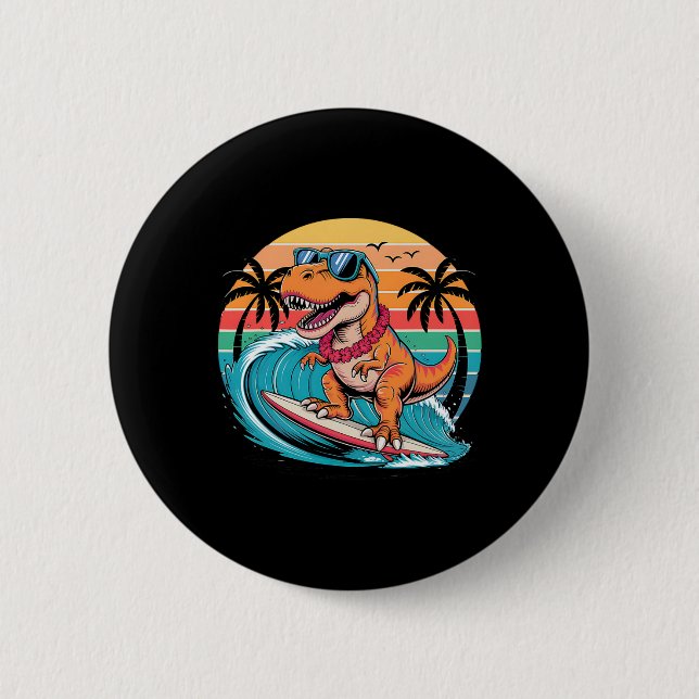 Funny Dinosaur Surfboard Beach Summer Surfing Trex Button (Front)