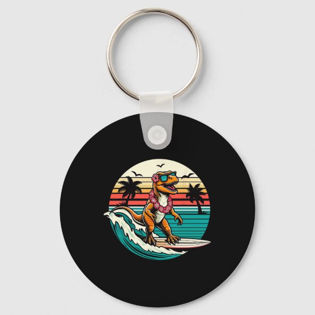 Funny Dinosaur Surfboard Beach Summer Surfing Trex Keychain (Front)