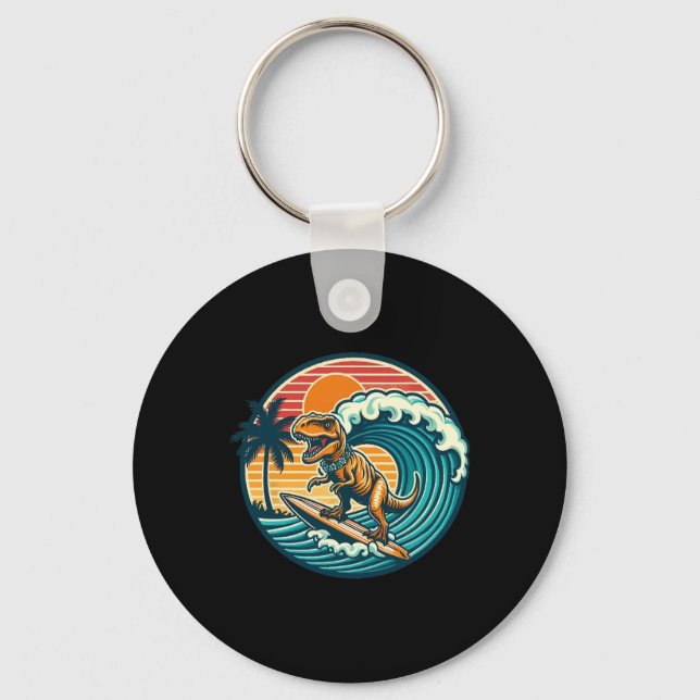 Funny Dinosaur Surfboard Beach Summer Surfing Trex Keychain (Front)