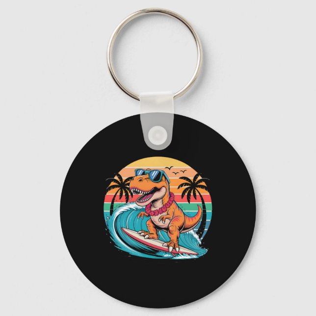 Funny Dinosaur Surfboard Beach Summer Surfing Trex Keychain (Front)