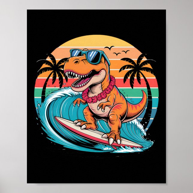 Funny Dinosaur Surfboard Beach Summer Surfing Trex Poster (Front)