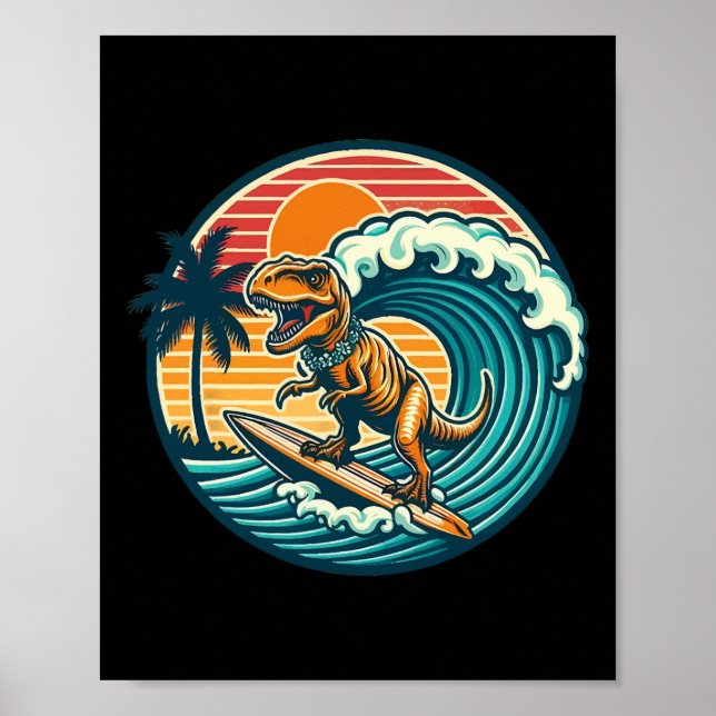 Funny Dinosaur Surfboard Beach Summer Surfing Trex Poster (Front)