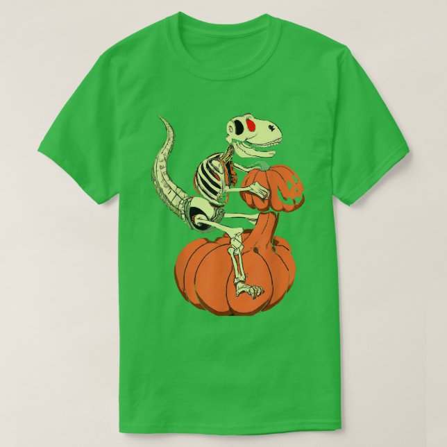 Funny Dinosaur T re Skeleton Riding a Halloween Pu T-Shirt (Design Front)