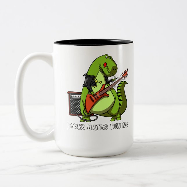 Funny Dinosaur T-Rex Hates Guitar Tuning Two-Tone Coffee Mug (Left)