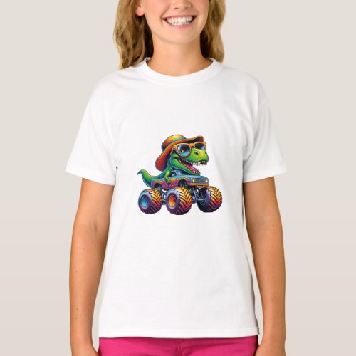 Funny Dinosaur T Rex On Monster Truck T_Shirt