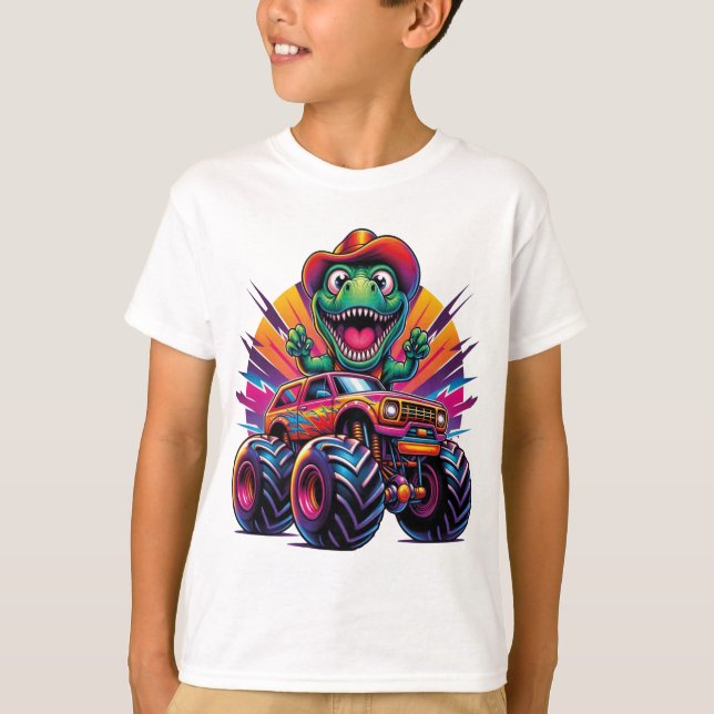 Funny Dinosaur T Rex On Monster Truck T-Shirt (Front)